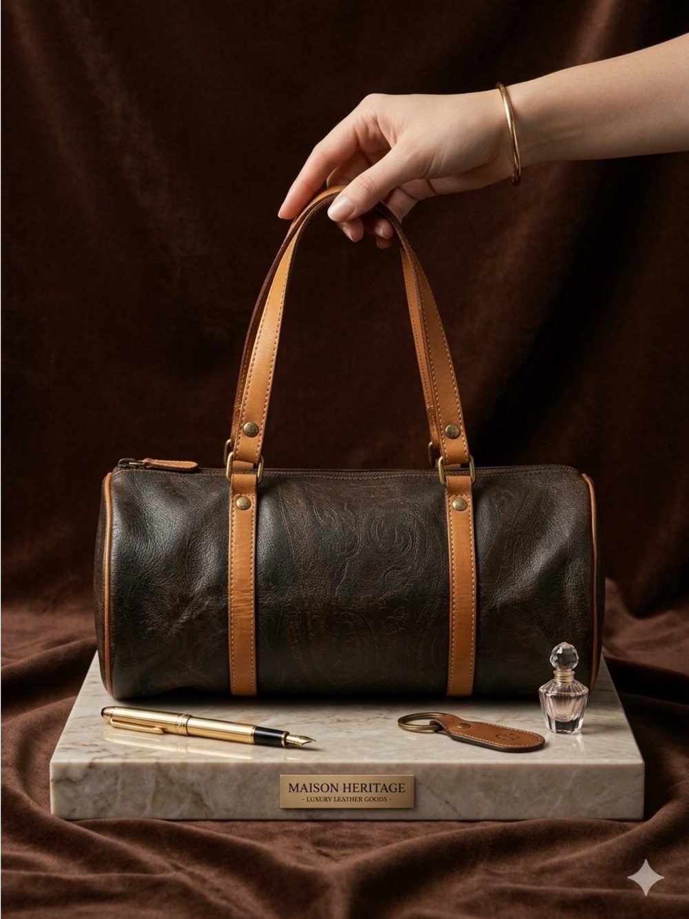 Etro Dark Brown Barrel Duffel with Tan Leather Straps